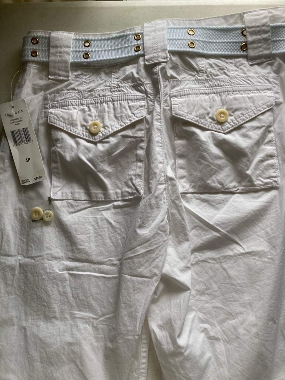 Lauren Ralph Lauren White Cotton Belted Crop Pants with Gold D-Ring - Picture 9 of 11